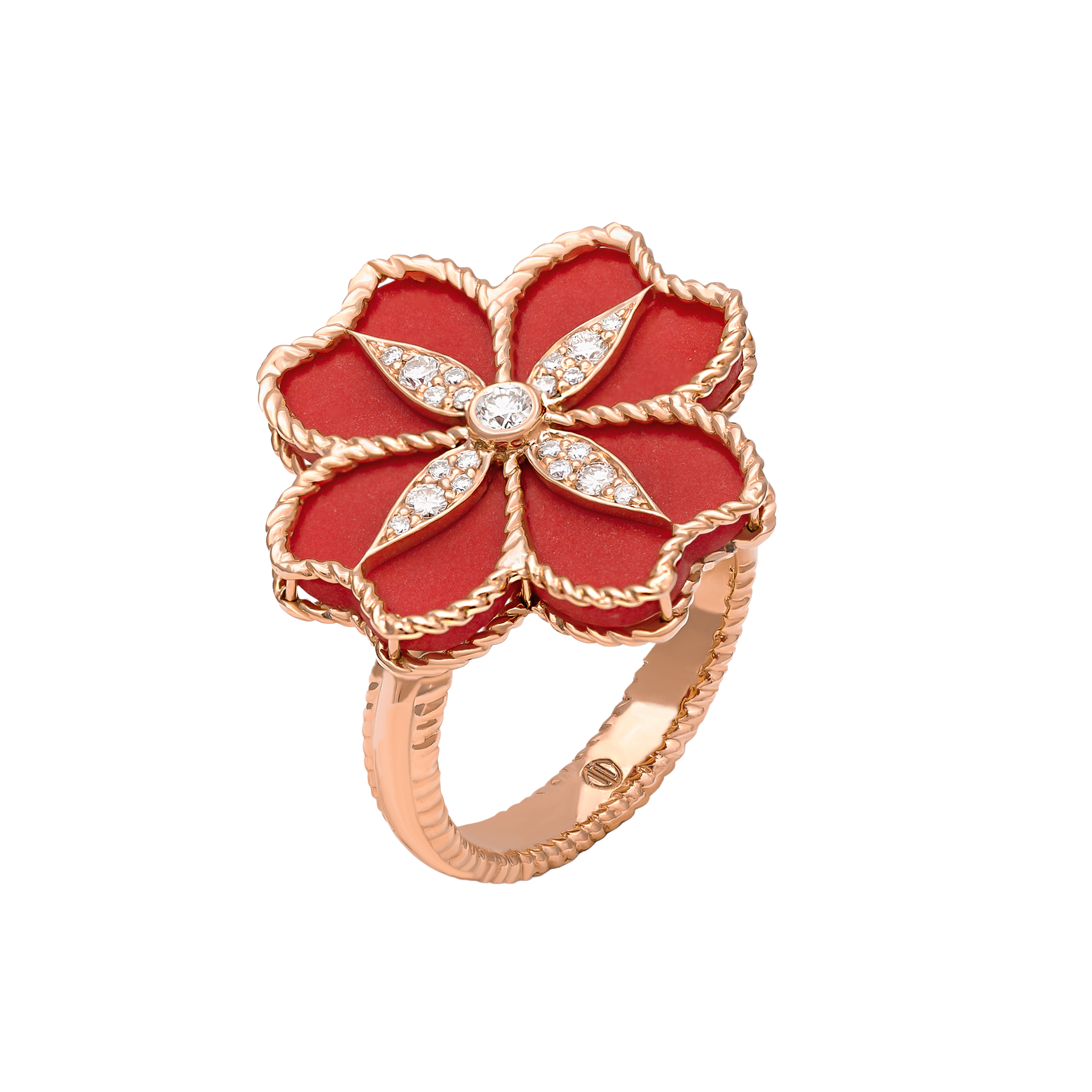 Mallow Flower Ring in 18k Yellow Gold with VS-G Diamonds and Red Enemal